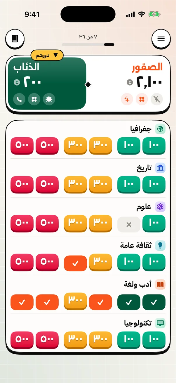 لوحة فطين في منتصف اللعبة: الصقور يتقدّمون على الذئاب بنتيجة ٢٬١٠٠ مقابل ٢٠٠.
