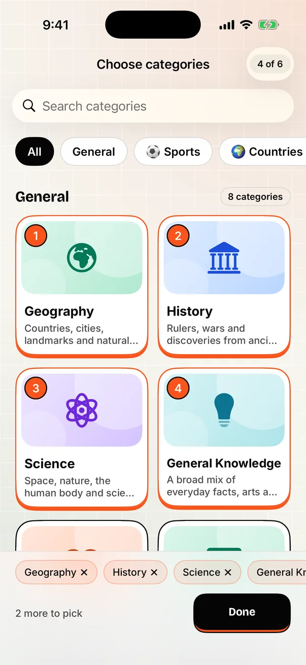 Choosing six categories for the board.