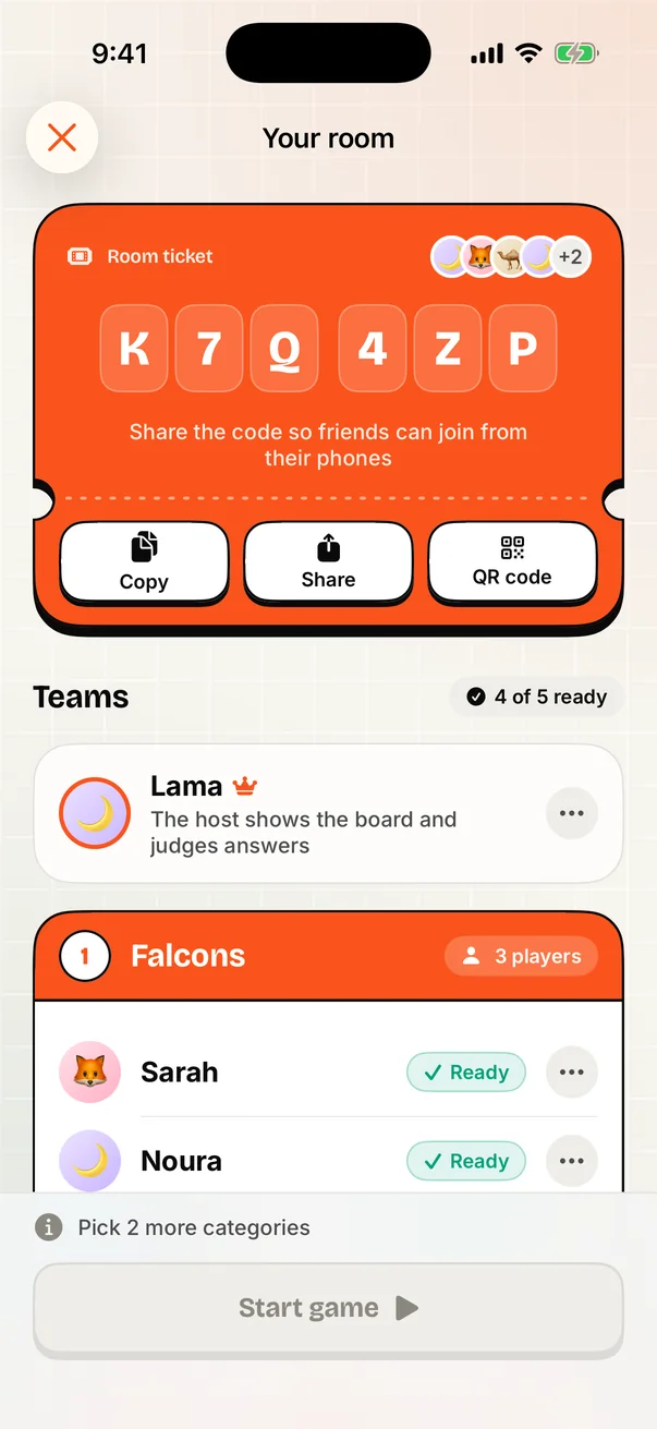 The lobby, with the room code, the QR code and both teams.