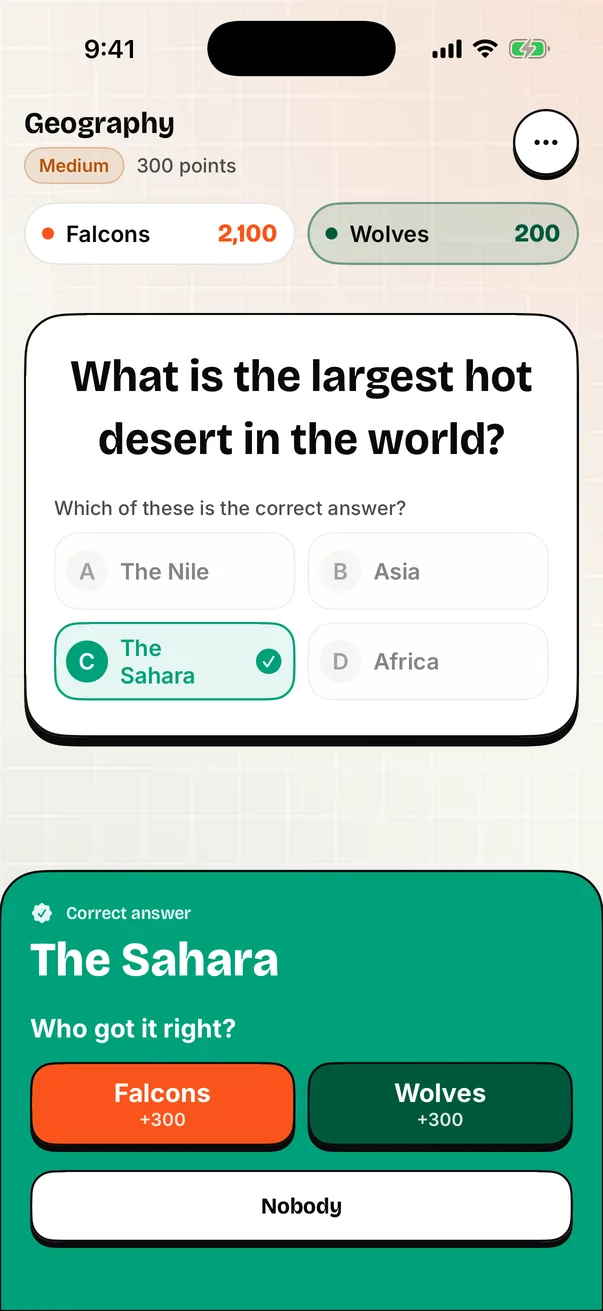 A question revealed: the host picks who got it right.